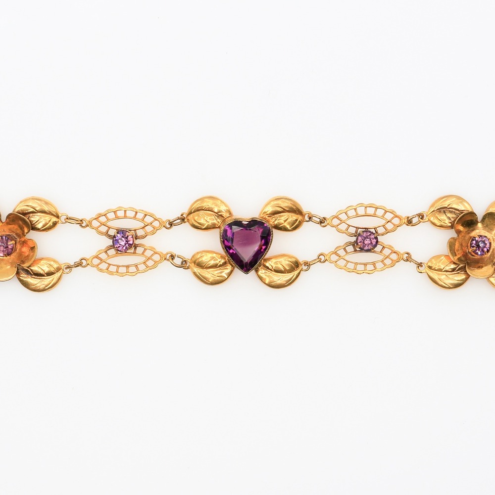 Vintage Gold Filled Heart & Flowers‎ Filigree Bracelet 1940s